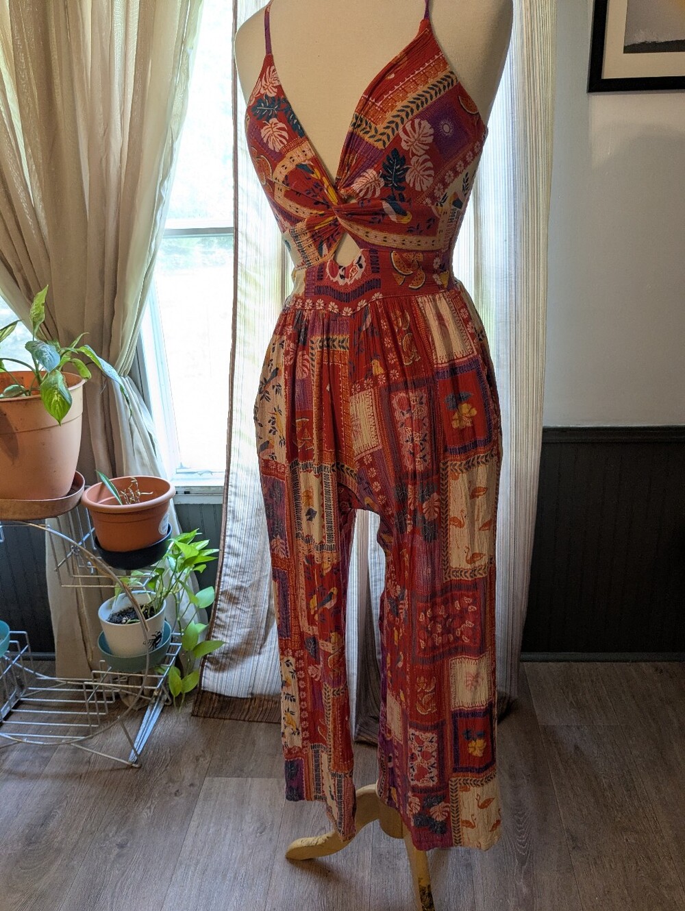 Boho Red Patchwork Wide-Leg Romper Jumpsuit